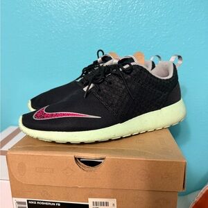 Nike Yeezy FB Black Sneakers with Pink Swoosh and Neon Green Sole